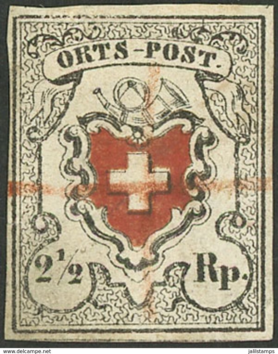 SWITZERLAND: Sc.1 (Yvert 17, Zu.13I), Type 3, With Red Pen Cancel, Fine To Very Fine Complete Margins, Handsome Examp - Altri & Non Classificati