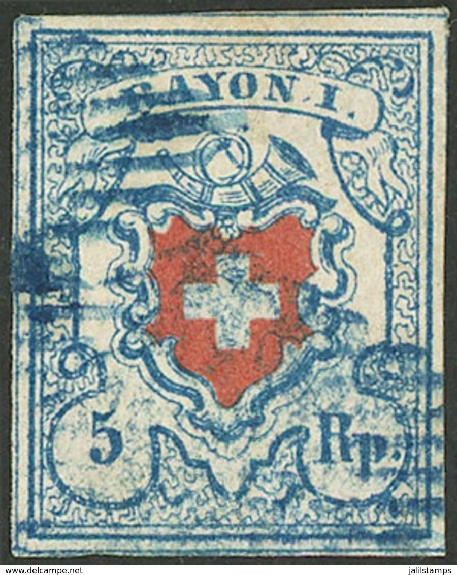 SWITZERLAND: Sc.10 (Yvert 20), 1851 5Rp. Without Frame Line Around The Cross, Used, VF Quality - Altri & Non Classificati