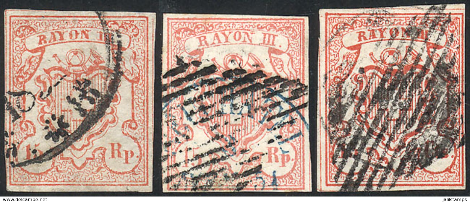 SWITZERLAND: Sc.11/13 (Yvert 22/24), 1852 Complete Set Of 3 Used Values, All Of 4 Margins And Very Fresh, VF Quality! - Autres & Non Classés