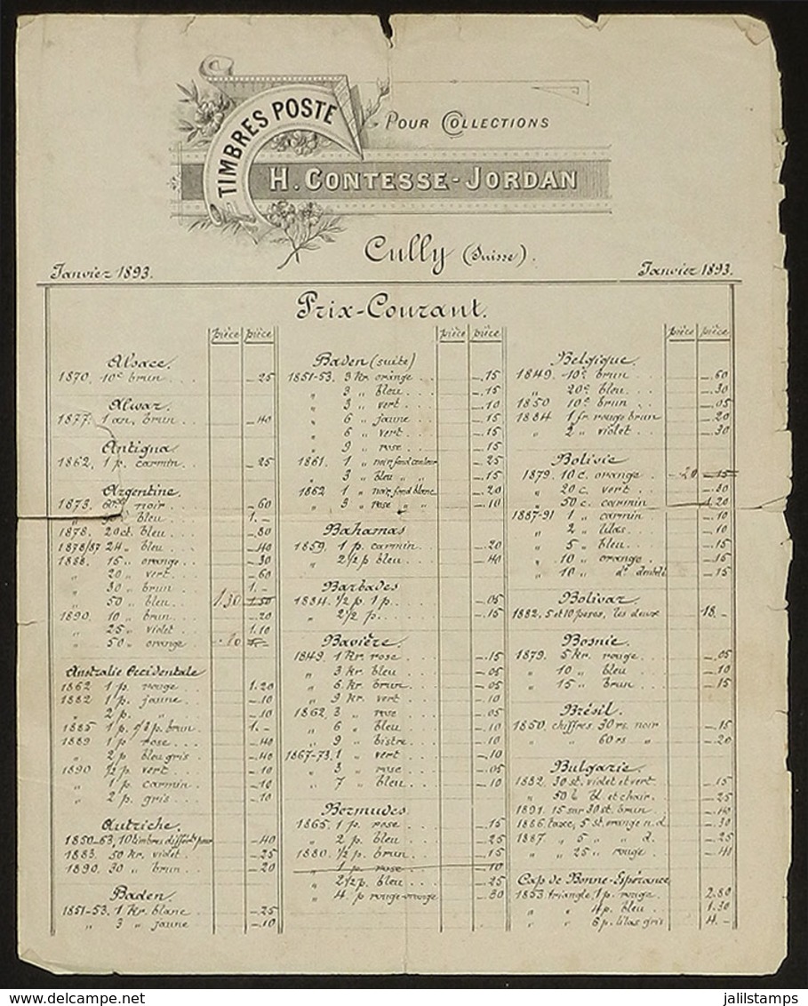 SWITZERLAND: January 1893, Price List Of Postal Stamps By H.Contesse-Jordan, Of Cully, With Little Defects, Very Interes - Ohne Zuordnung
