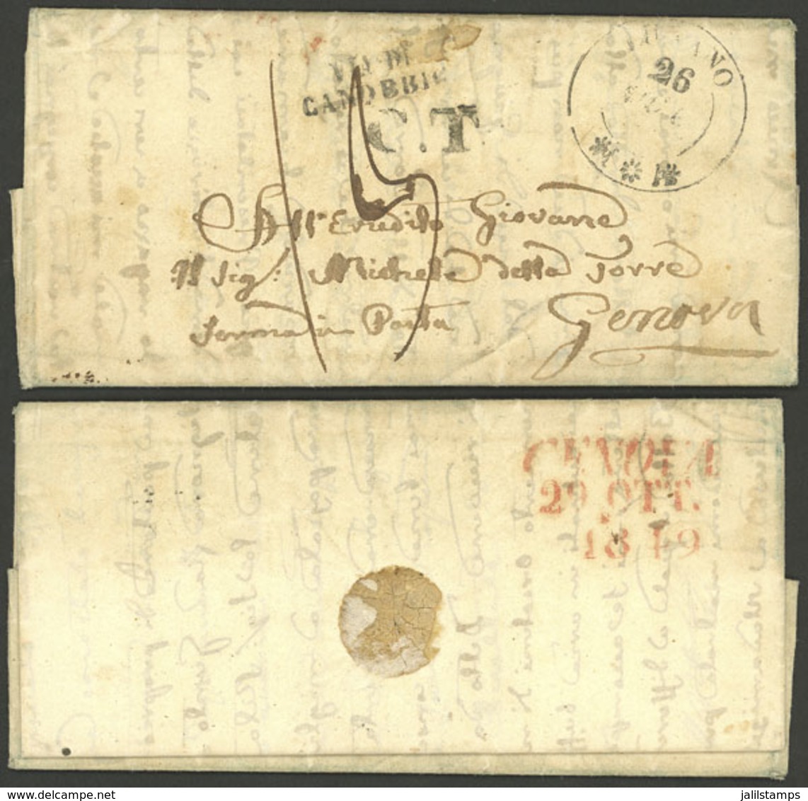 SWITZERLAND: 26/OC/1849 Lugano - Genova, Long Entire Letter With Attractive Postal Markings, VF Quality! - Altri & Non Classificati