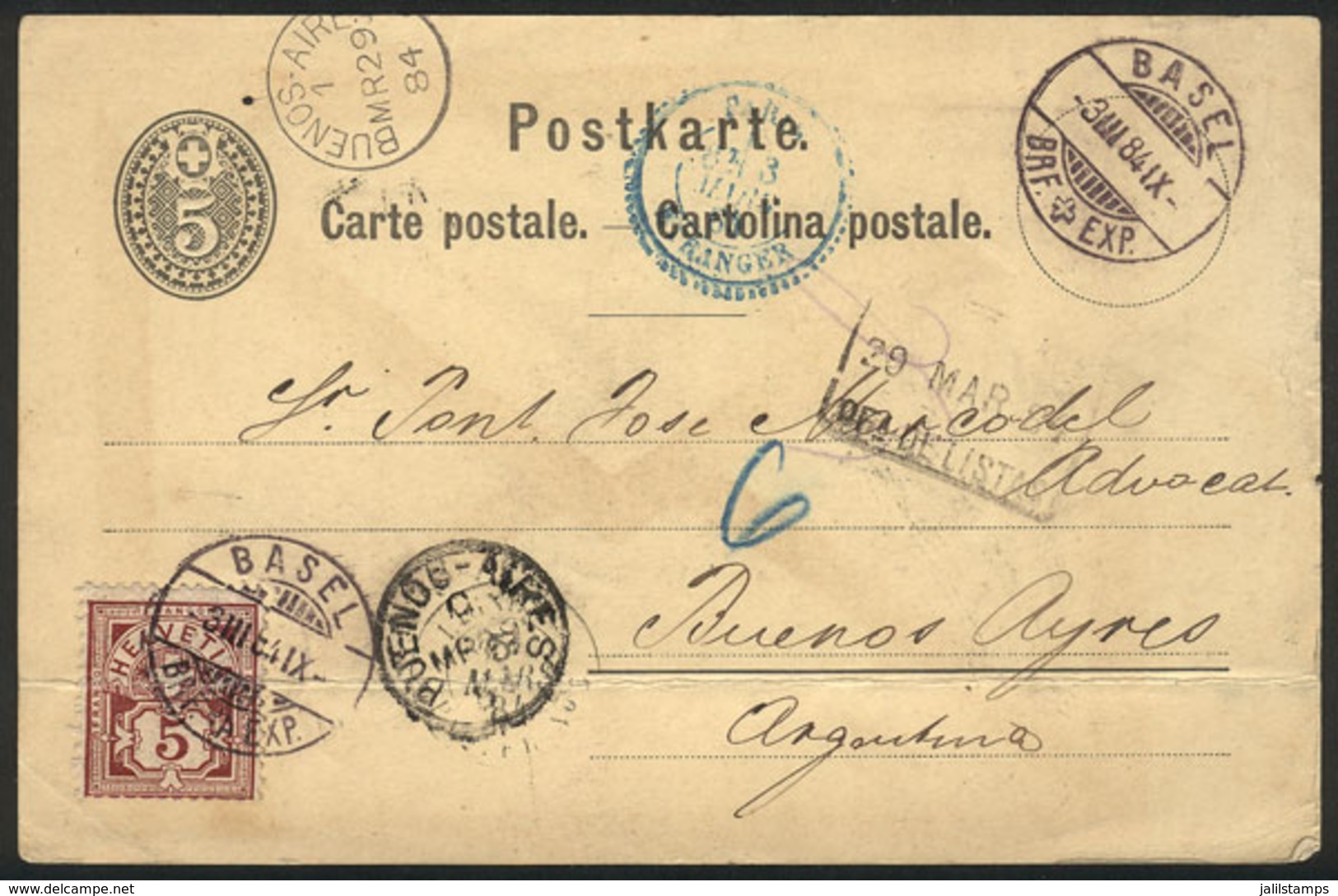 SWITZERLAND: 5c. Postal Card Uprated With 5c., Sent From Basel To Buenos Aires On 3/MAR/1884, With A Fold Else VF! - Autres & Non Classés