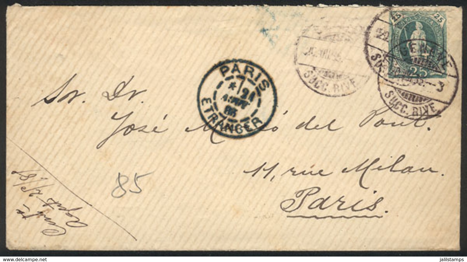 SWITZERLAND: Cover Sent From Geneve To Paris On 20/AU/1885 Franked With 25c., VF Quality! - Andere & Zonder Classificatie