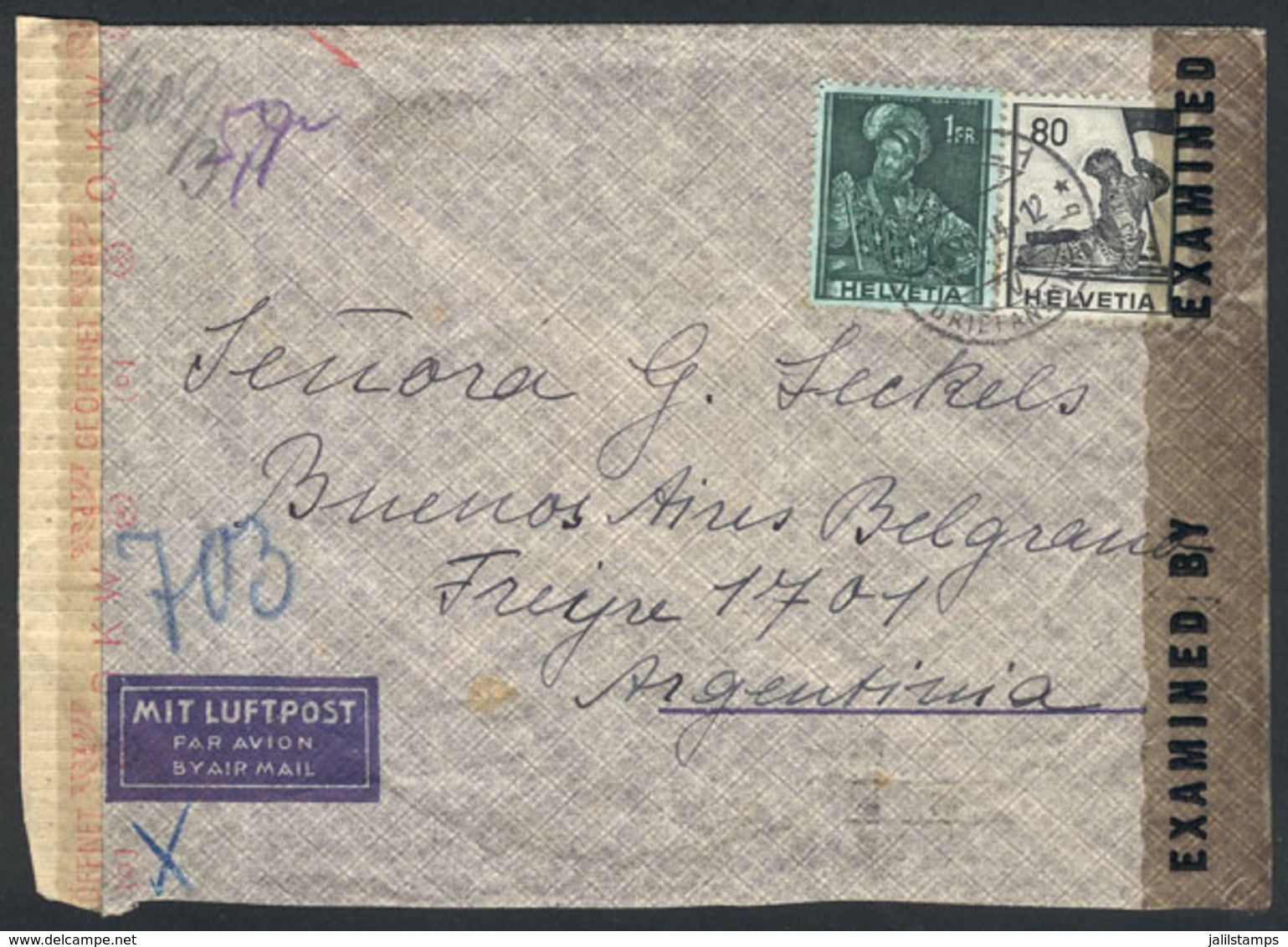 SWITZERLAND: Airmail Cover Franked With 1.80Fr., Sent From Basel To Argentina On 16/MAR/1944, With German And English - Autres & Non Classés