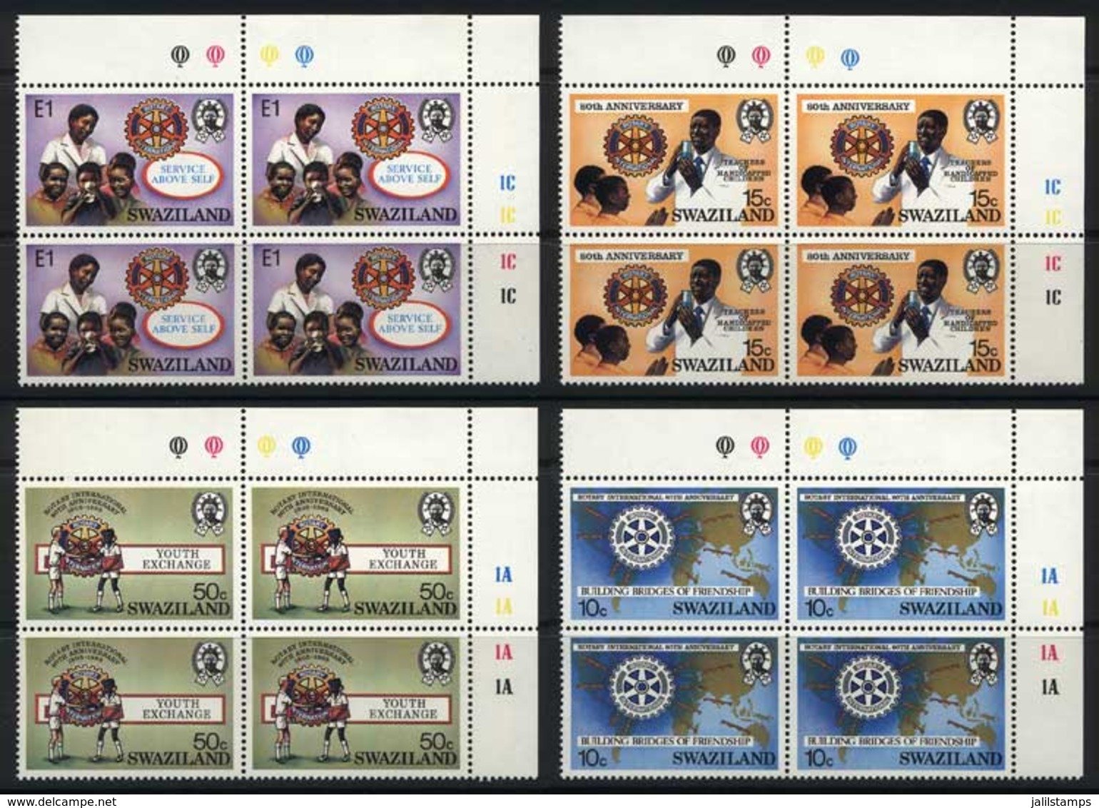 SWAZILAND: Sc.471/4, 1985 Rotary, Maps, Medicine, Children, Etc., Compl. Set Of 4 Values, Sheet Corner BLOCKS OF 4, - Swaziland (1968-...)