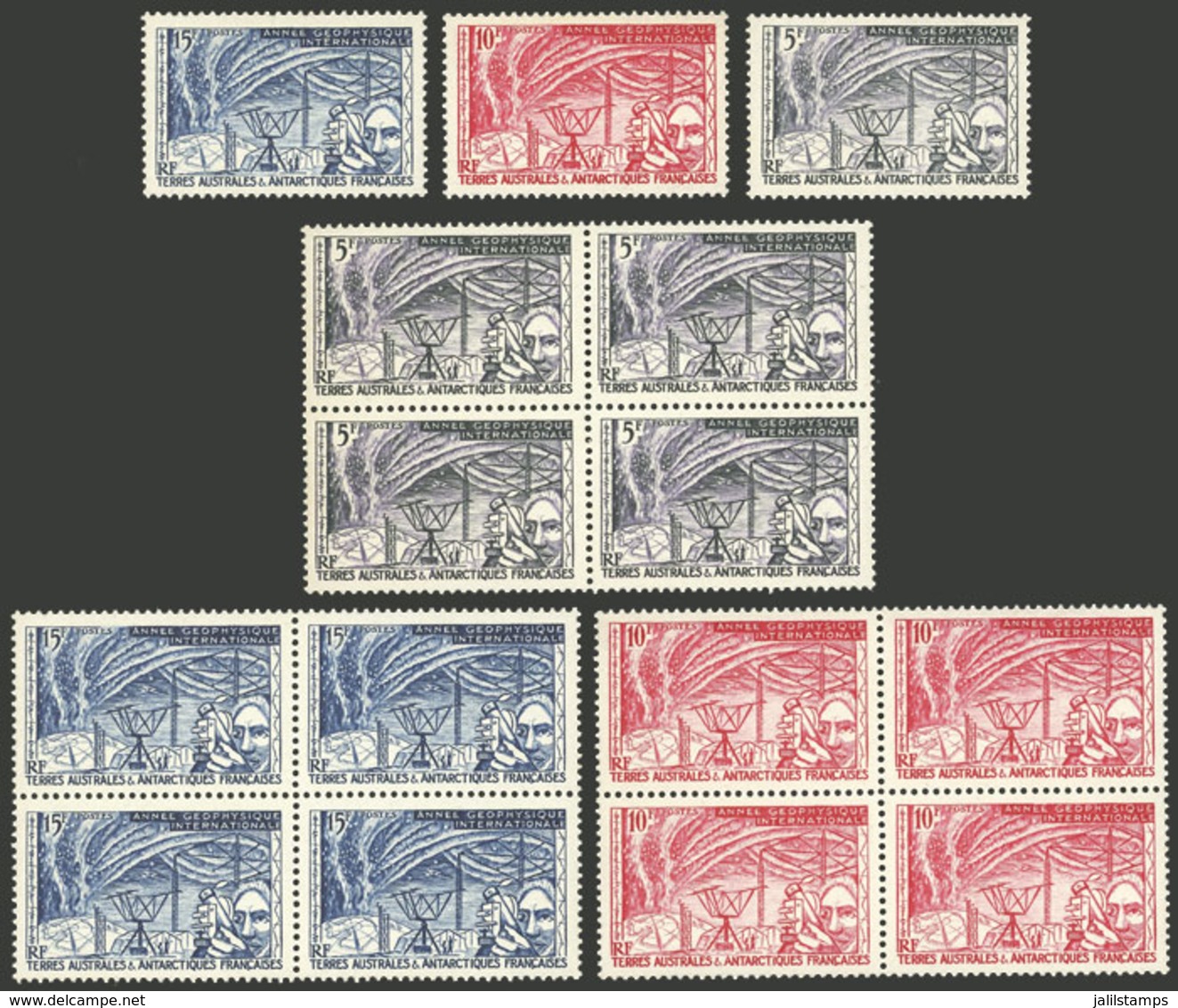 T.A.A.F.: Yvert 8/10, 1957 Intl. Geophysical Year, Cmpl. Set Of 3 Values In Singles And Blocks Of 4, MNH, VF Quali - Sonstige & Ohne Zuordnung