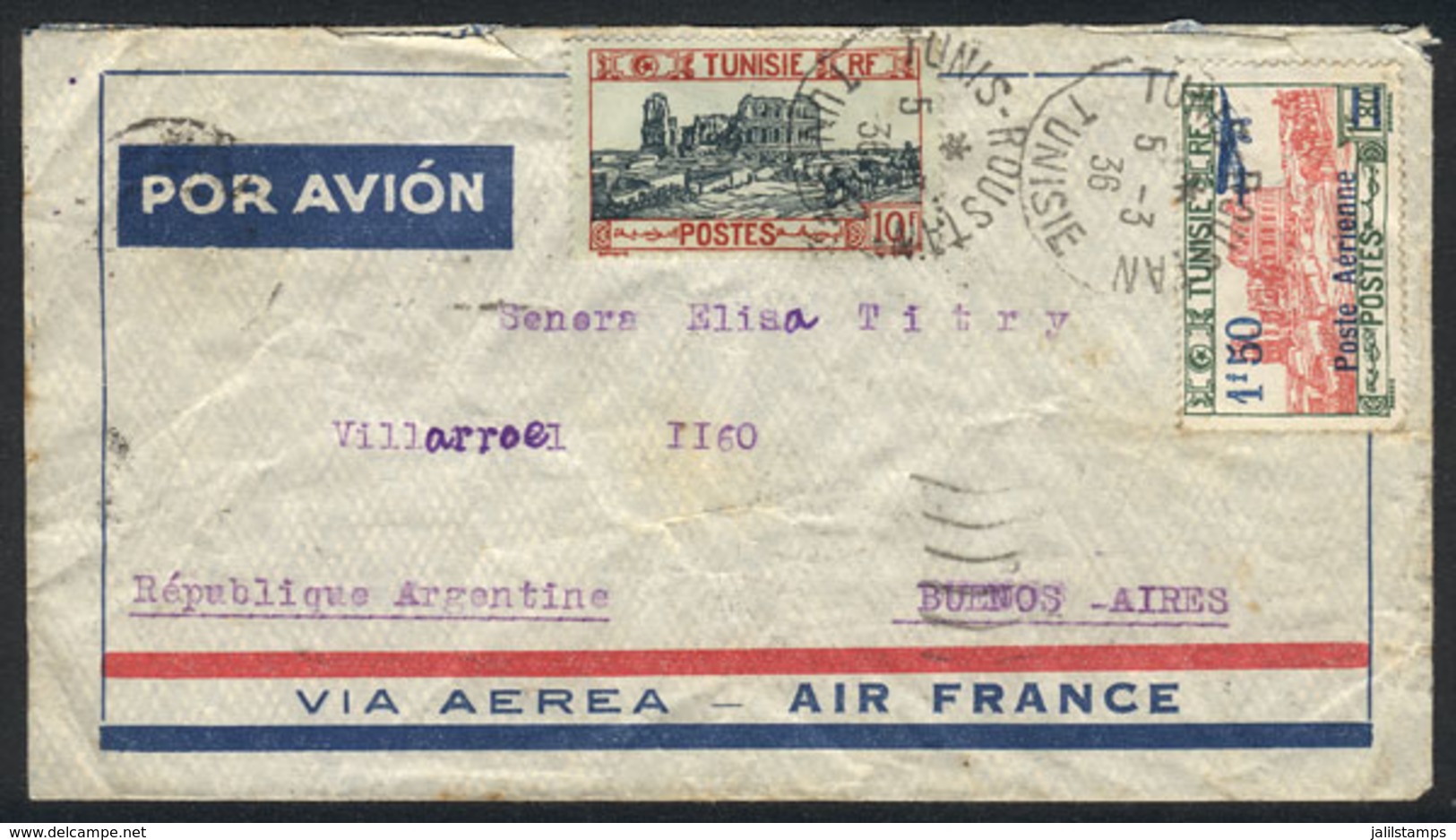 TUNISIA: Cover Franked By Sc.111+C11 (total 11.50Fr.), Sent On 5/MAR/1936 From Tunis To Argentina Via Air France, - Tunisia