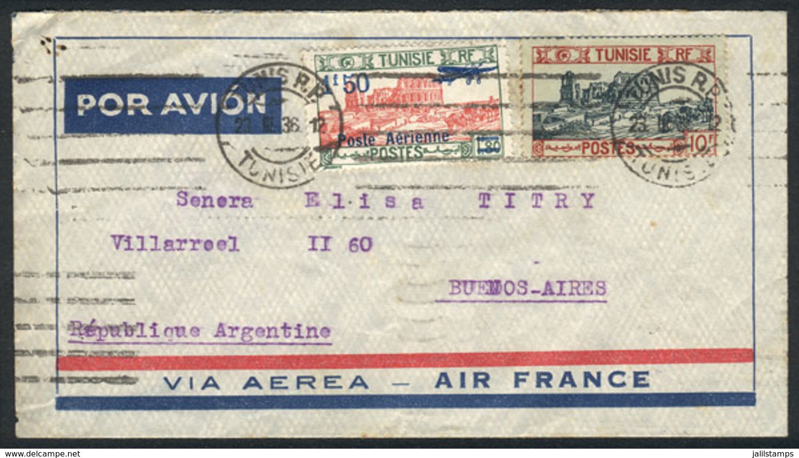 TUNISIA: Cover Franked By Sc.111+C11 (totalling 11.50Fr.), Sent From Tunis To Argentina Via Air France On 23/MAR/ - Tunisia