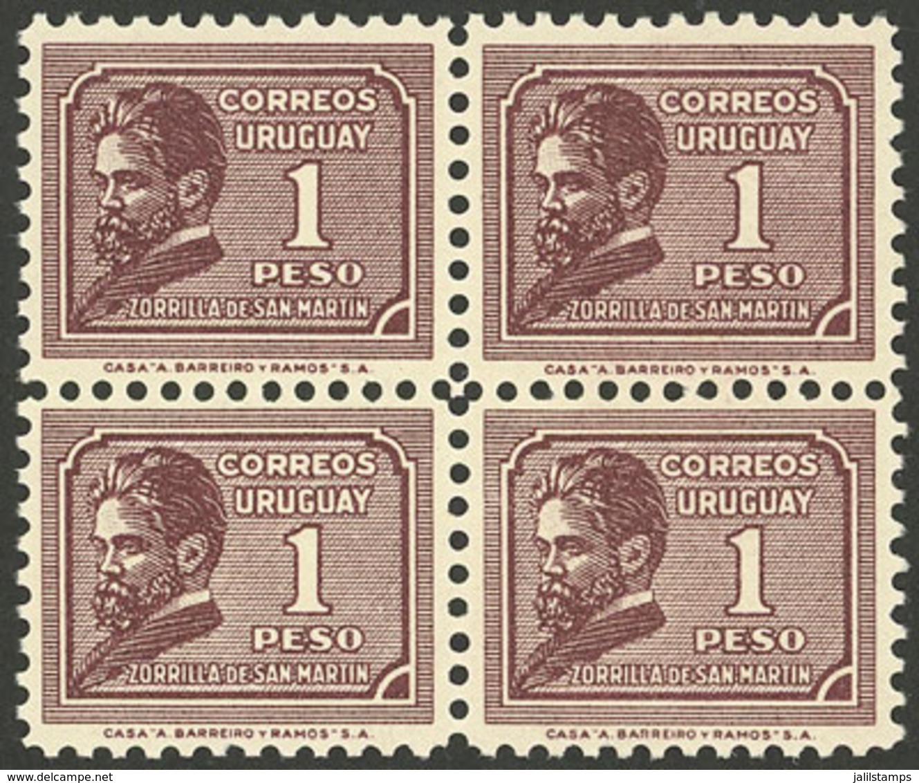 URUGUAY: Sc.418, 1932 1P. Poet Juan Zorrilla De San Martín, MNH Block Of 4, Excellent Quality, Catalog Value US$8 - Uruguay