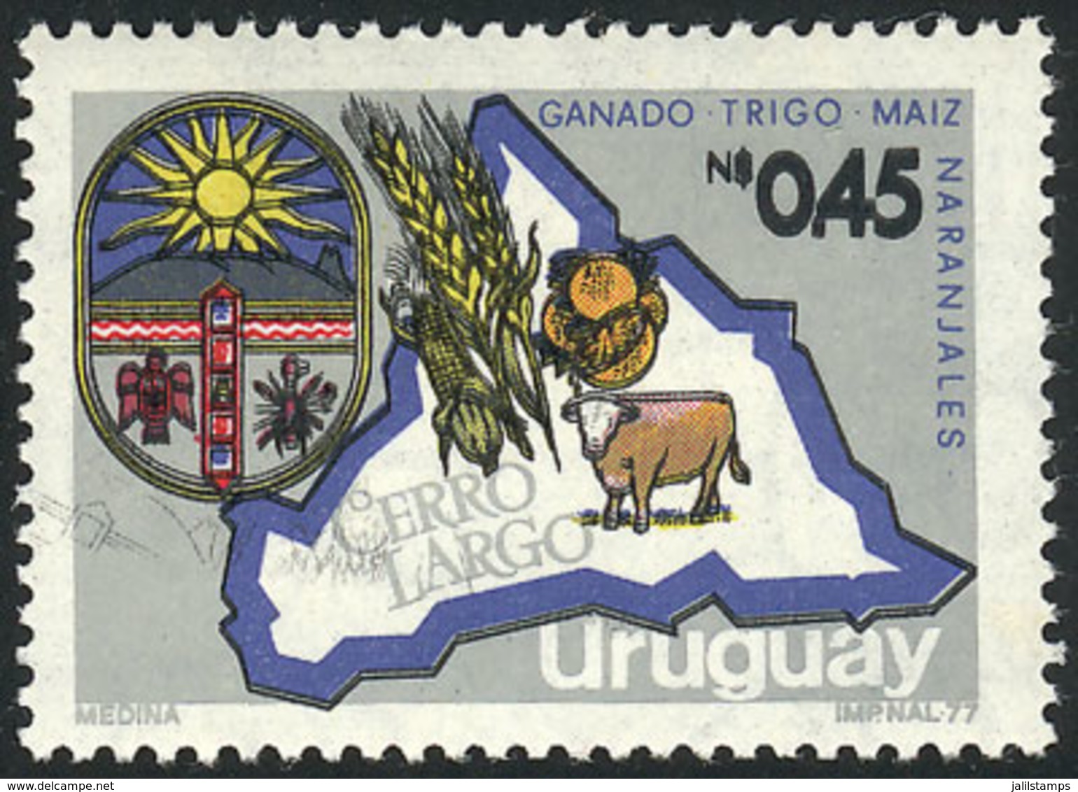 URUGUAY: Sc.1026, 1979/81 45c. Map And Arms Of Cerro Largo, Cattle, Wheat, Oranges, With DOUBLE IMPRESSION Of Bla - Uruguay