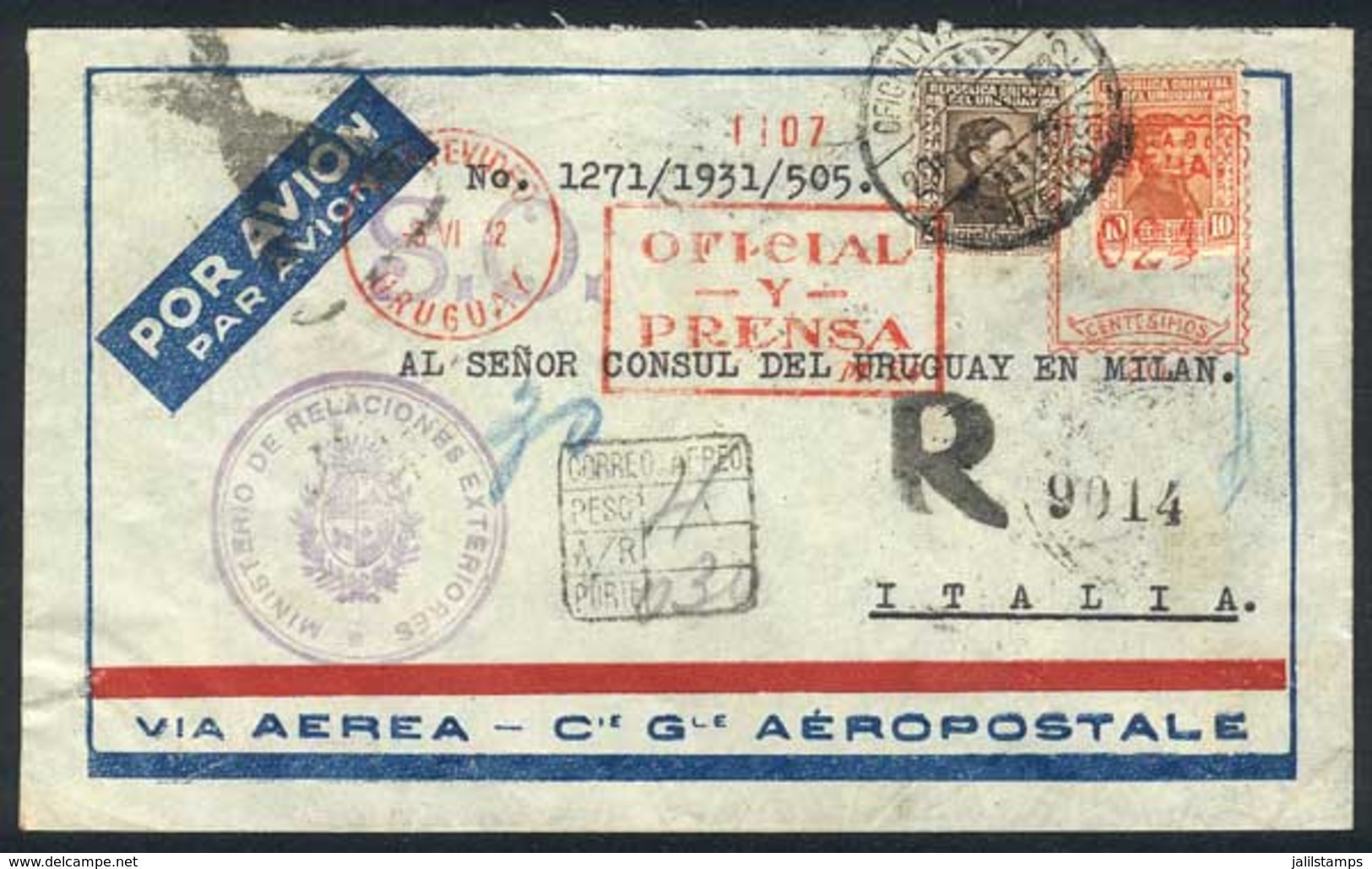 URUGUAY: Air Mail Cover Sent To Italy On 3/JUN/1932 By Cie Generale Aeropostale Via Maseille, Wit - Uruguay