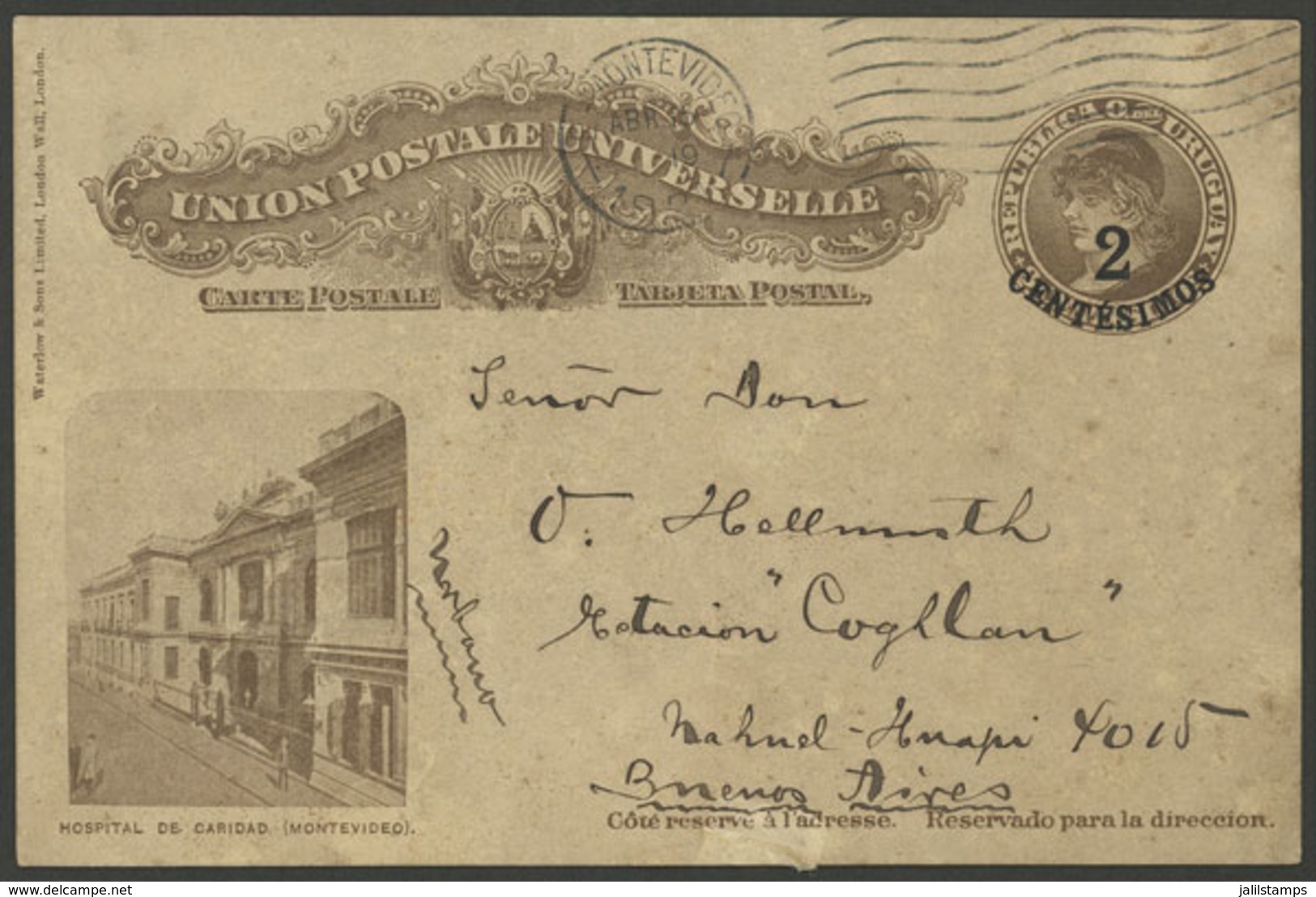 URUGUAY: 2c. Surcharged Postal Card With View Of Hospital In Montevideo, Sent To Buenos Aires On 15/AP/1920, V - Uruguay