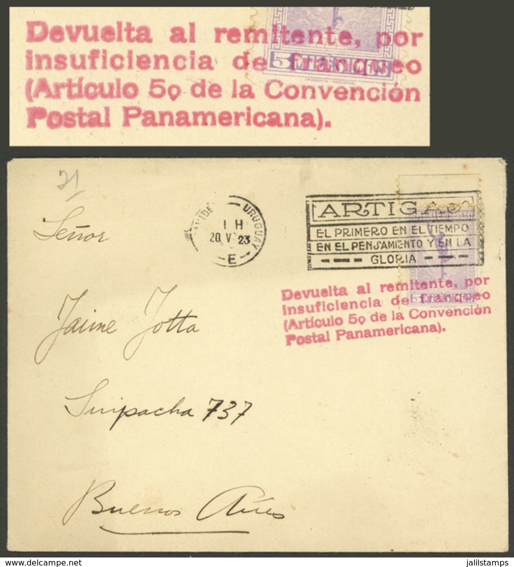 URUGUAY: Unusual AUXILIARY MARK: Cover Sent From Montevideo To Buenos Aires On 20/MAY/1923 Franked With 5m., With - Uruguay