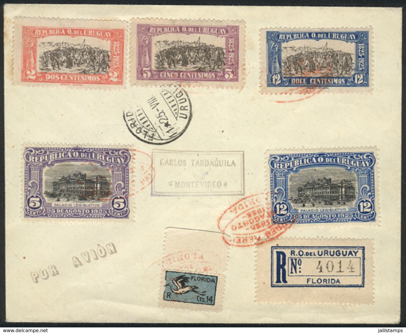 URUGUAY: 25/AU/1925 First Flight Florida - Montevideo, Registered Cover With Nice Postage, Very Fine Quality! - Uruguay