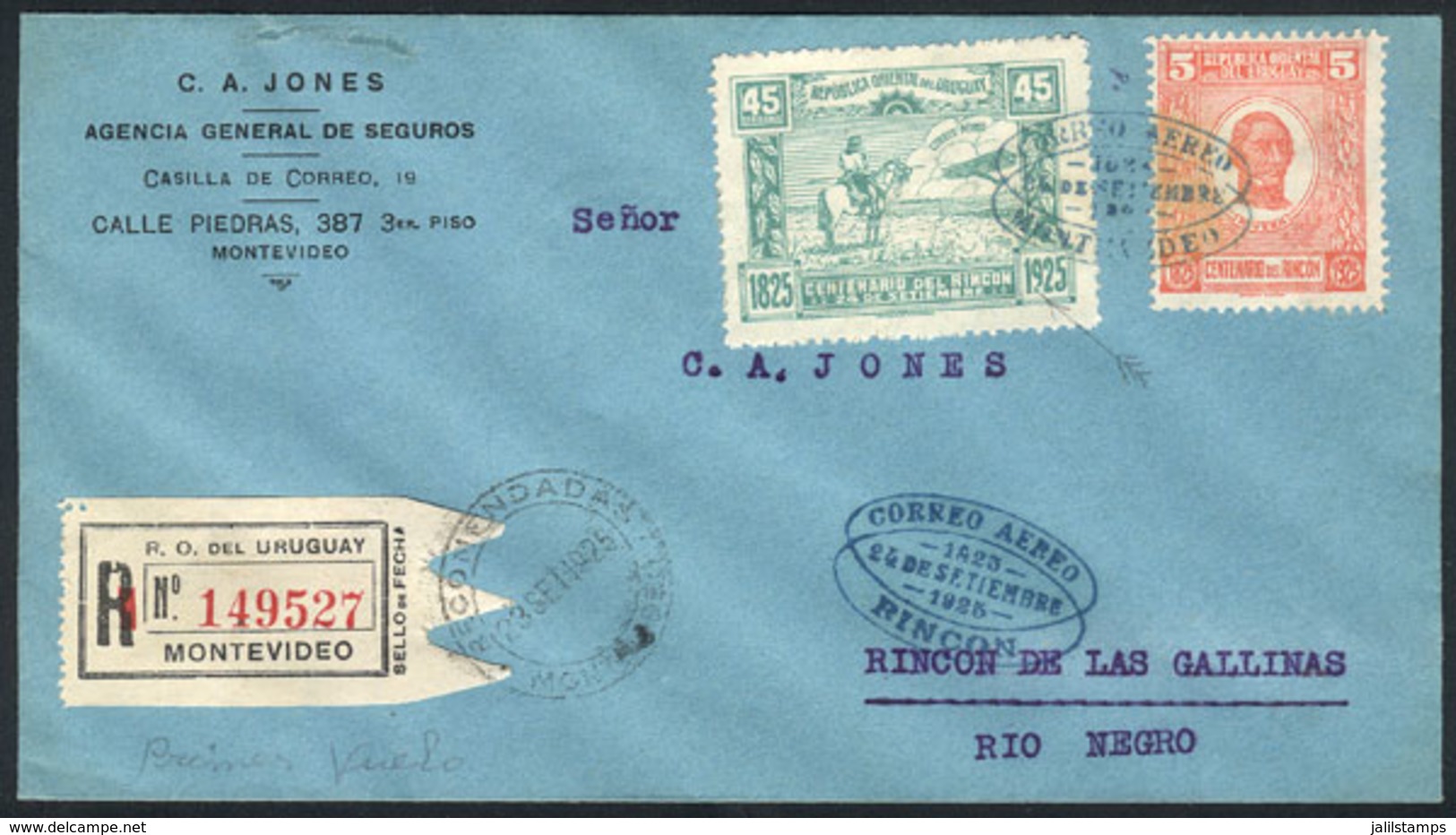 URUGUAY: 24/SE/1925 Montevideo - Rincón De Las Gallinas: First Flight, Registered Cover Of VF Quality! - Uruguay