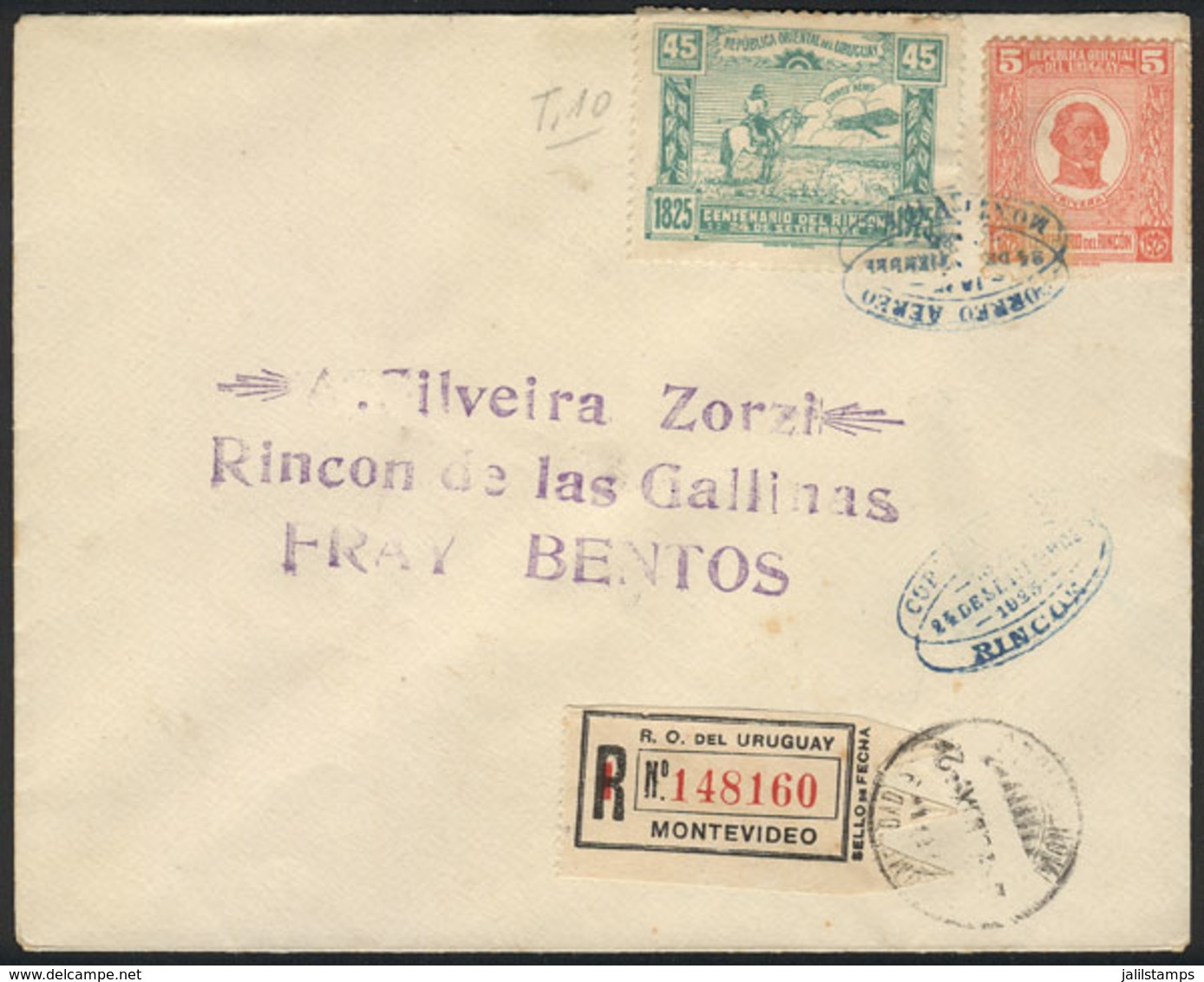 URUGUAY: 25/SE/1925 First Flight Montevideo - Rincón, Registered Cover With Nice Postage, Very Fine Quality! - Uruguay