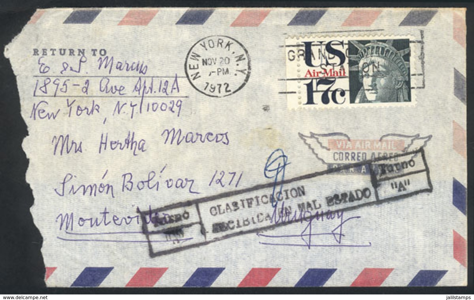 URUGUAY: Airmail Cover Sent From USA To Montevideo On 20/NO/1972, With Handstamp Applied At Destination: CLASIFIC - Uruguay