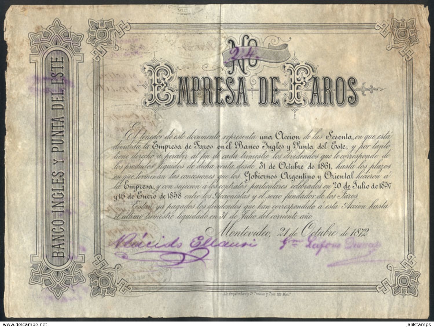 URUGUAY: Certificate For 1 Share Of The Year 1872: LIGHTHOUSE Company 'Faros Del Banco Inglés Y Punta Del Este', Ver - Altri & Non Classificati