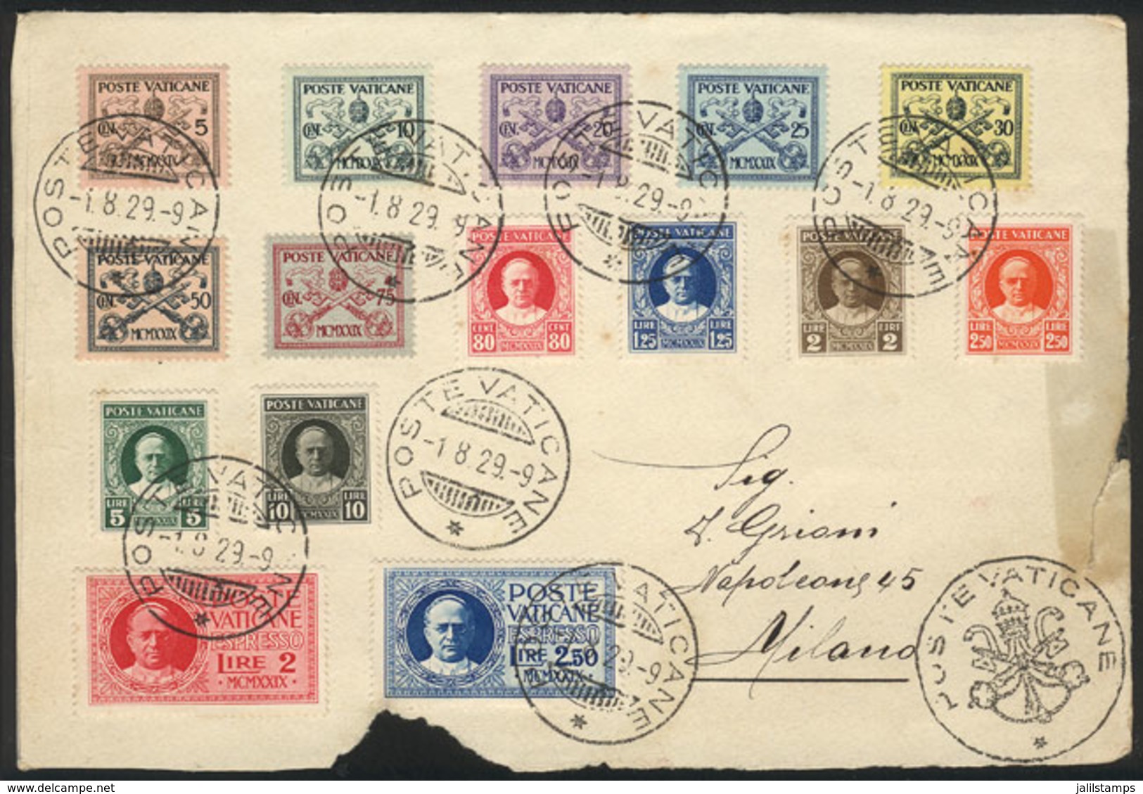 VATICAN: Front Of Cover Franked With The Complete Set Sc./Sassone 1/13 + E1/2 With Postmark Of 1/AU/1929 (first D - Other & Unclassified