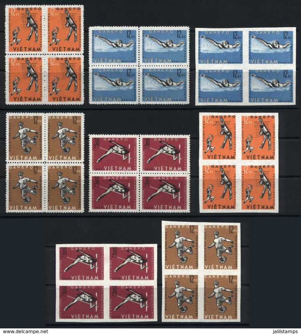 NORTH VIETNAM: Yv.345/8, Sport, The Set Of 4 Values In Perforated And Imperforate Blocks Of 4, Excellent Quality! - Vietnam