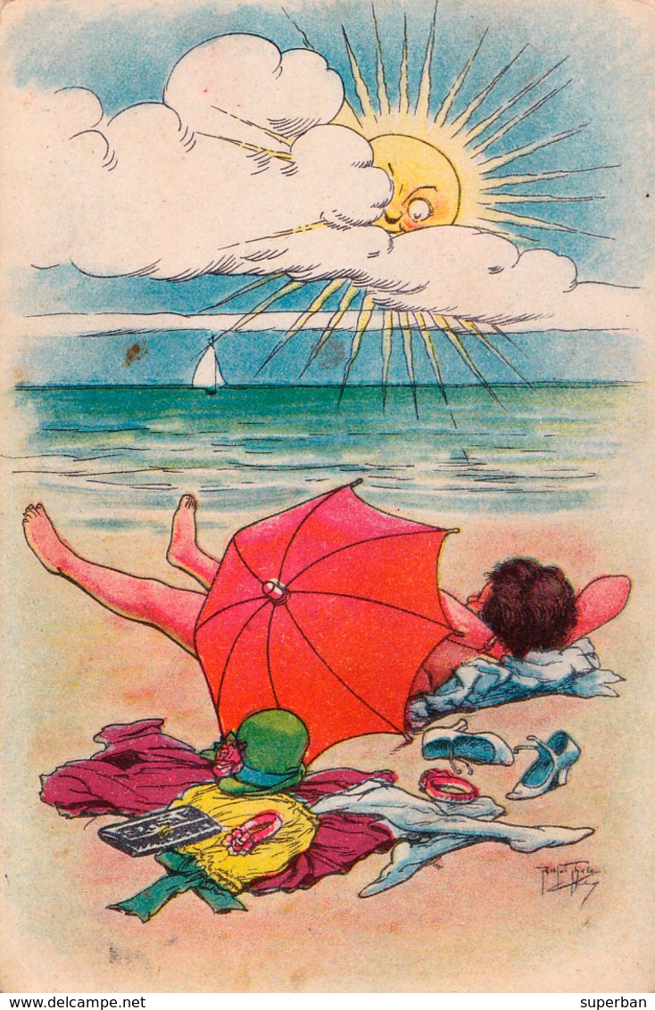 BAIGNEUSE NUE Sous PARASOL ROUGE / BATHING WOMAN Under BEACH UMBRELLA / - ILLUSTRATION : ARTHUR THIELE ~ 1930 (ac432) - Thiele, Arthur