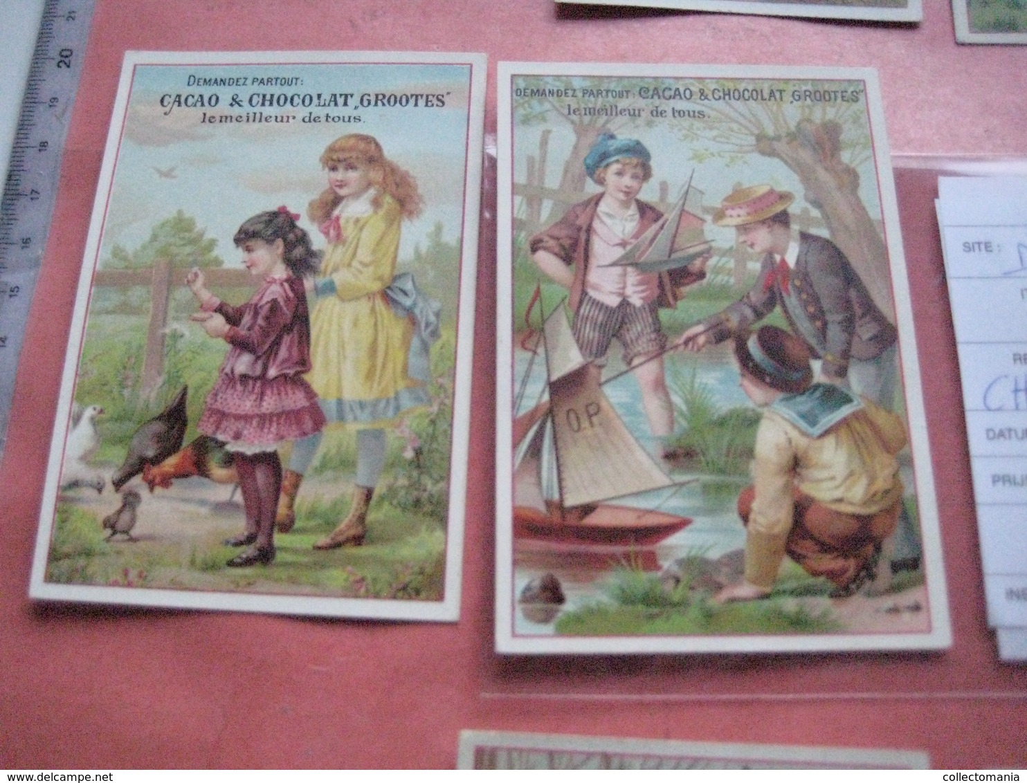 12 Chromos Trade Cards Cacao Chokolade Chocolat,  Pub. D. & M. GROOTES C1894 Lithography Children  With Toys, Cat, Goose - Other & Unclassified