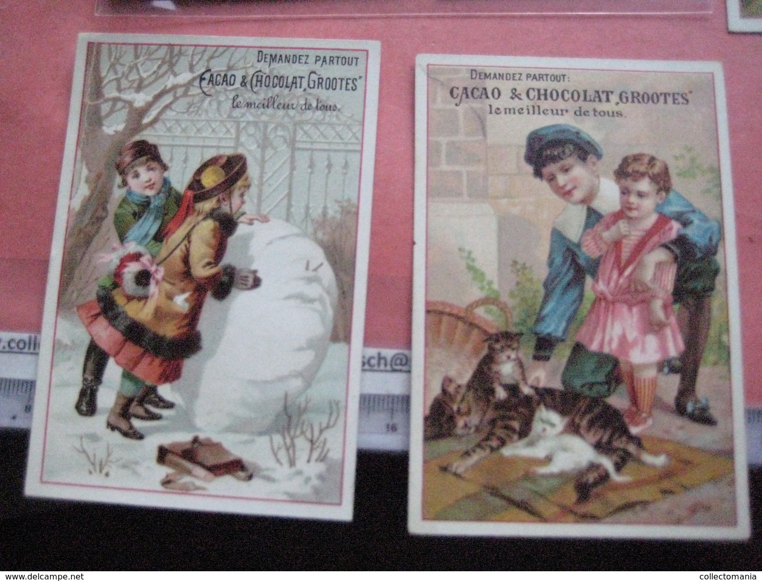 12 chromos trade cards cacao chokolade chocolat,  Pub. D. & M. GROOTES c1894 lithography children  with toys, cat, goose