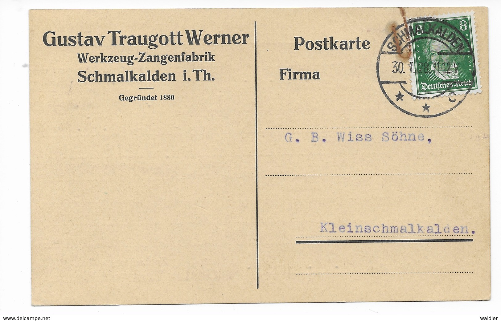 6080  SCHMALKALDEN  -  FIRMENPOSTKARTE  GUSTAV TRAUGOTT WERNER (WERKZEUG-ZANGENFABRIK)  1928 - Schmalkalden