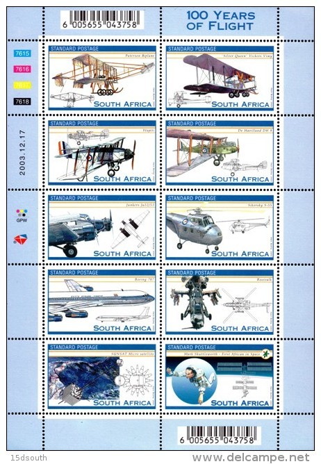 South Africa - 2003 100 Years Of Aviation Sheet (**) # SG 1455a - Aerei
