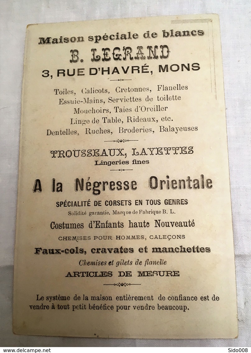 Rare Chromo MONS Maison Spéciale De Blancs B. LEGRAND - A La Negresse Orientale -  Corsets En Tous Genres - Autres & Non Classés