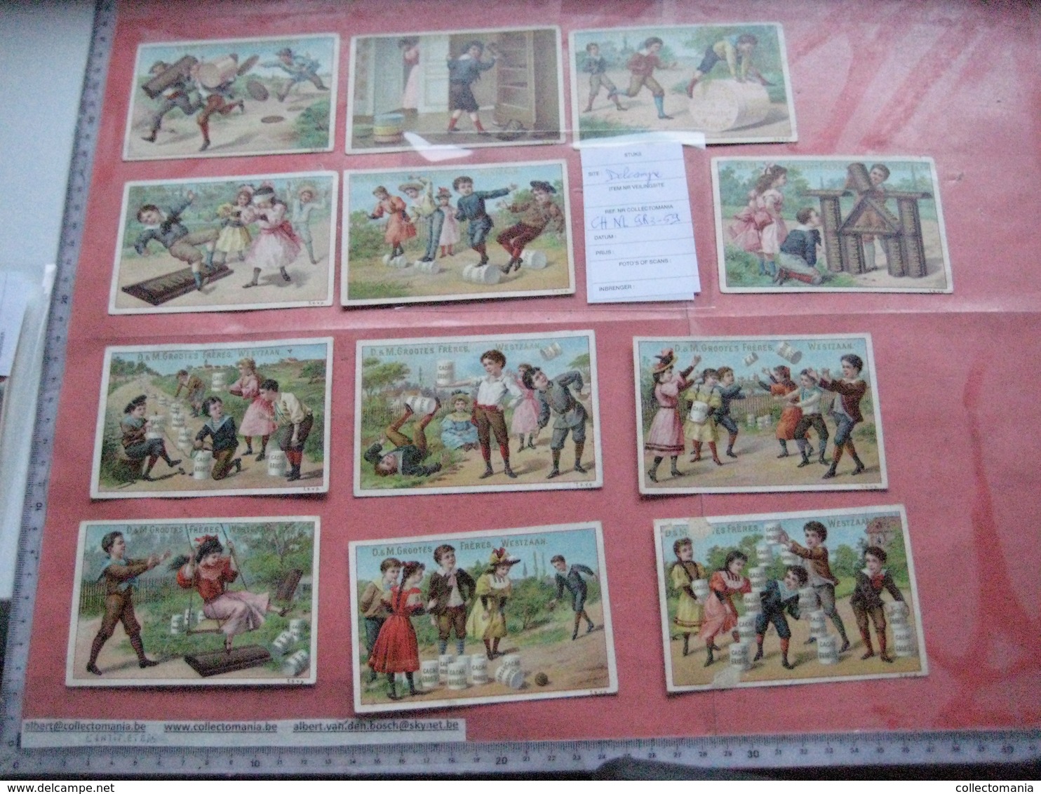 12 Chromos Trade Cards Cacao Chokolade Chocolat Pub. D. & M. GROOTES C1894 Lithography Children Playing With Cacao Tins - Autres & Non Classés