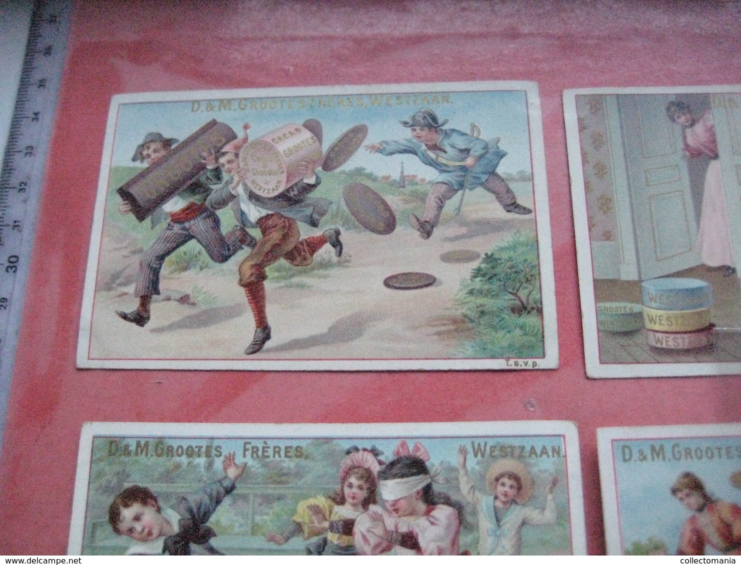 12 Chromos Trade Cards Cacao Chokolade Chocolat Pub. D. & M. GROOTES C1894 Lithography Children Playing With Cacao Tins - Autres & Non Classés