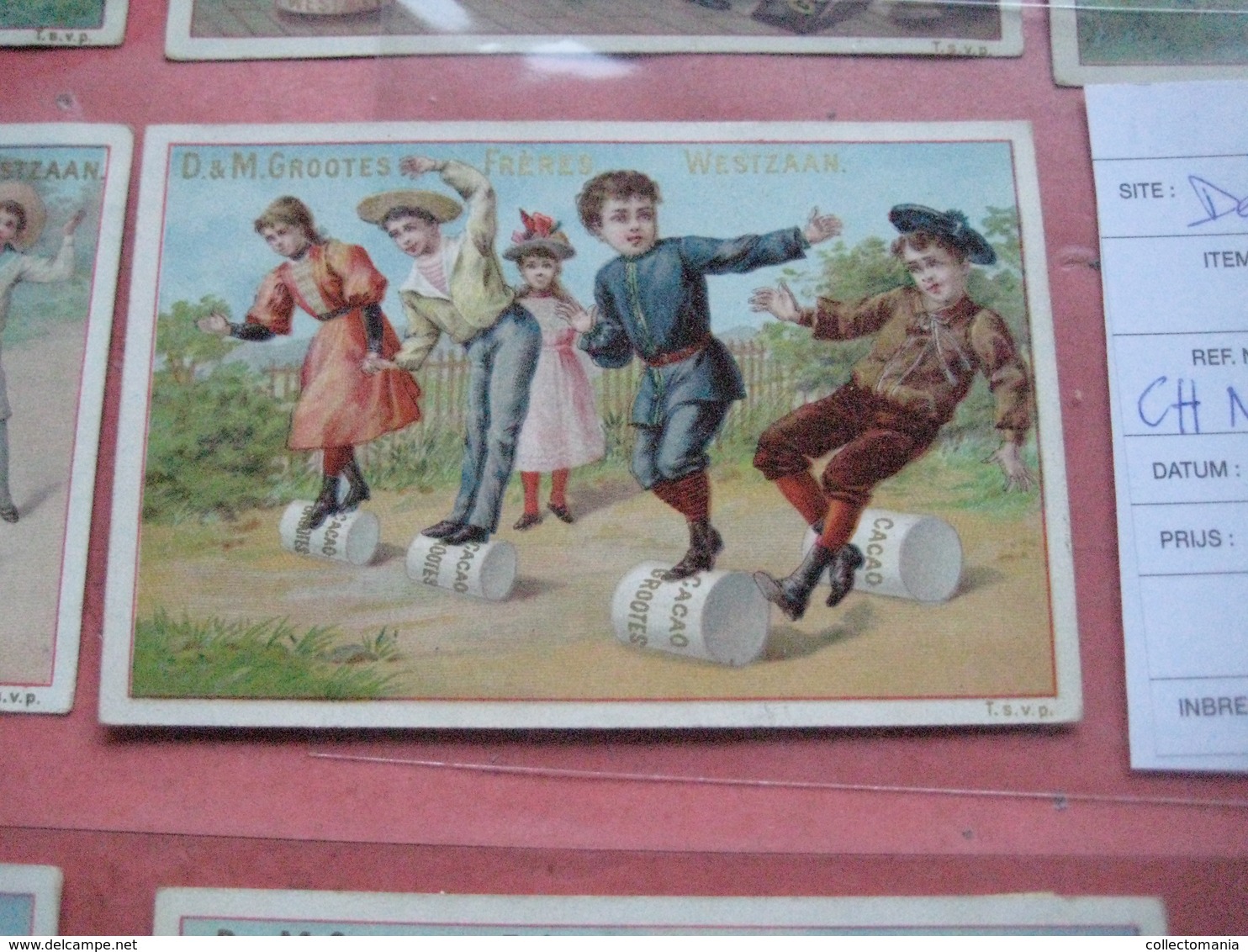 12 chromos trade cards cacao chokolade chocolat Pub. D. & M. GROOTES c1894 lithography children playing with cacao tins