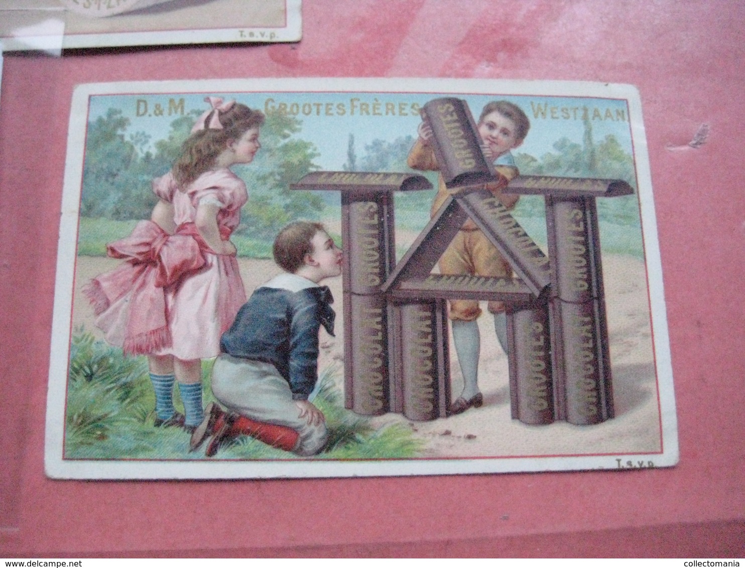 12 chromos trade cards cacao chokolade chocolat Pub. D. & M. GROOTES c1894 lithography children playing with cacao tins