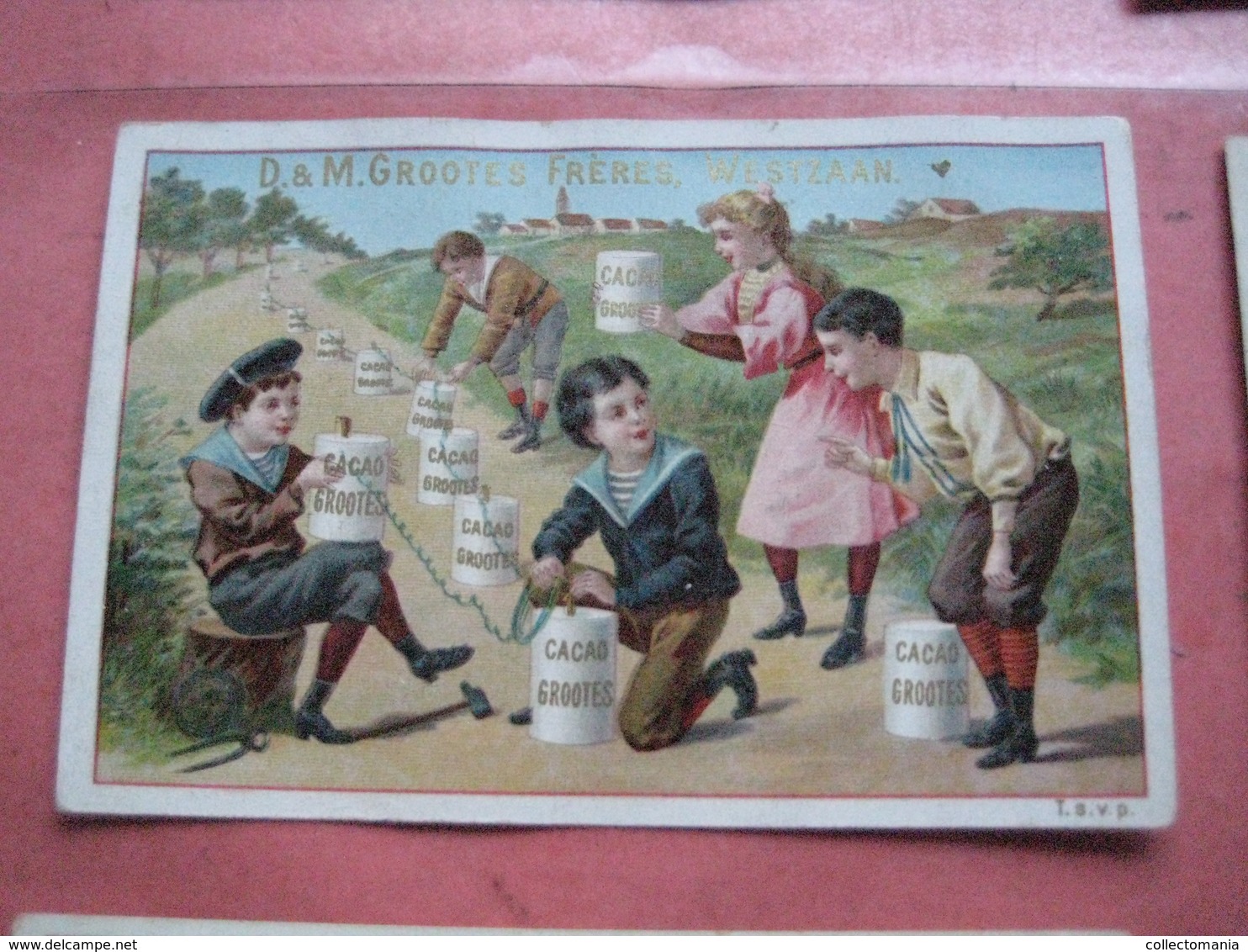 12 chromos trade cards cacao chokolade chocolat Pub. D. & M. GROOTES c1894 lithography children playing with cacao tins