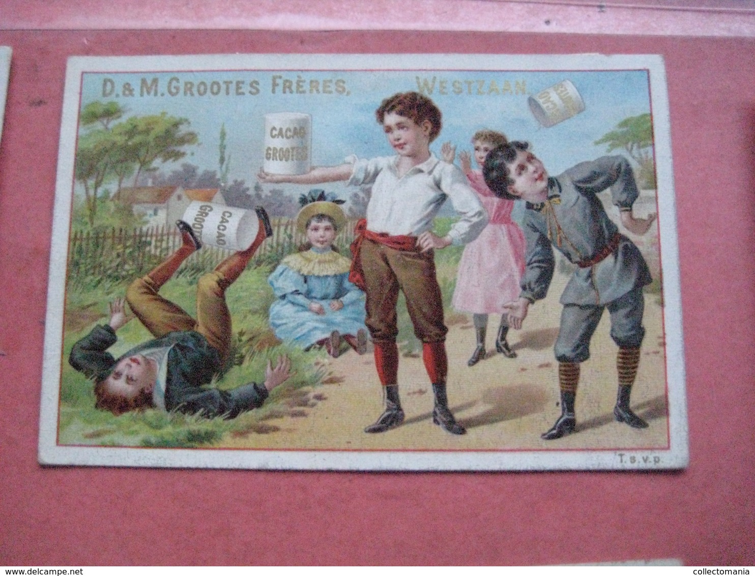 12 chromos trade cards cacao chokolade chocolat Pub. D. & M. GROOTES c1894 lithography children playing with cacao tins