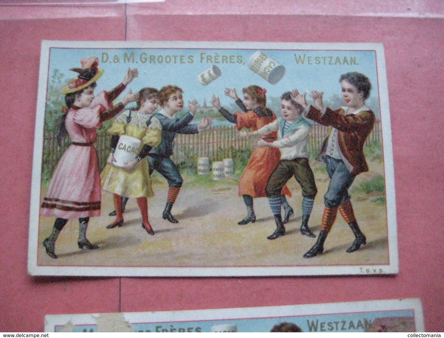 12 chromos trade cards cacao chokolade chocolat Pub. D. & M. GROOTES c1894 lithography children playing with cacao tins