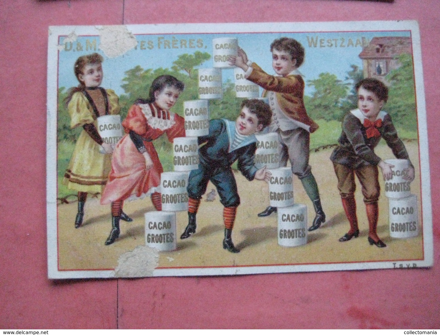 12 chromos trade cards cacao chokolade chocolat Pub. D. & M. GROOTES c1894 lithography children playing with cacao tins