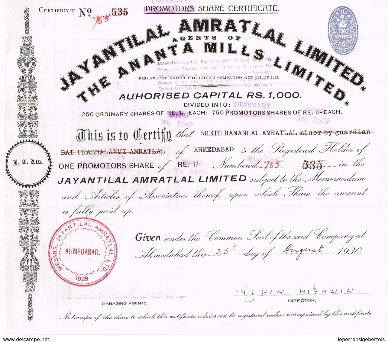Titre  Ancien - Jayantilal Amratlal Limited - Agent Of The Ananta Mills Limited -Titre De 1930 - Industrie