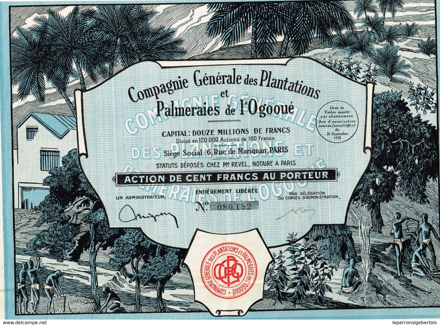 Ancien Titre - Compagnie Générale Des Plantations Et Palmeraies De L' Ogooué - Titre De 1928 - Déco - Afrika