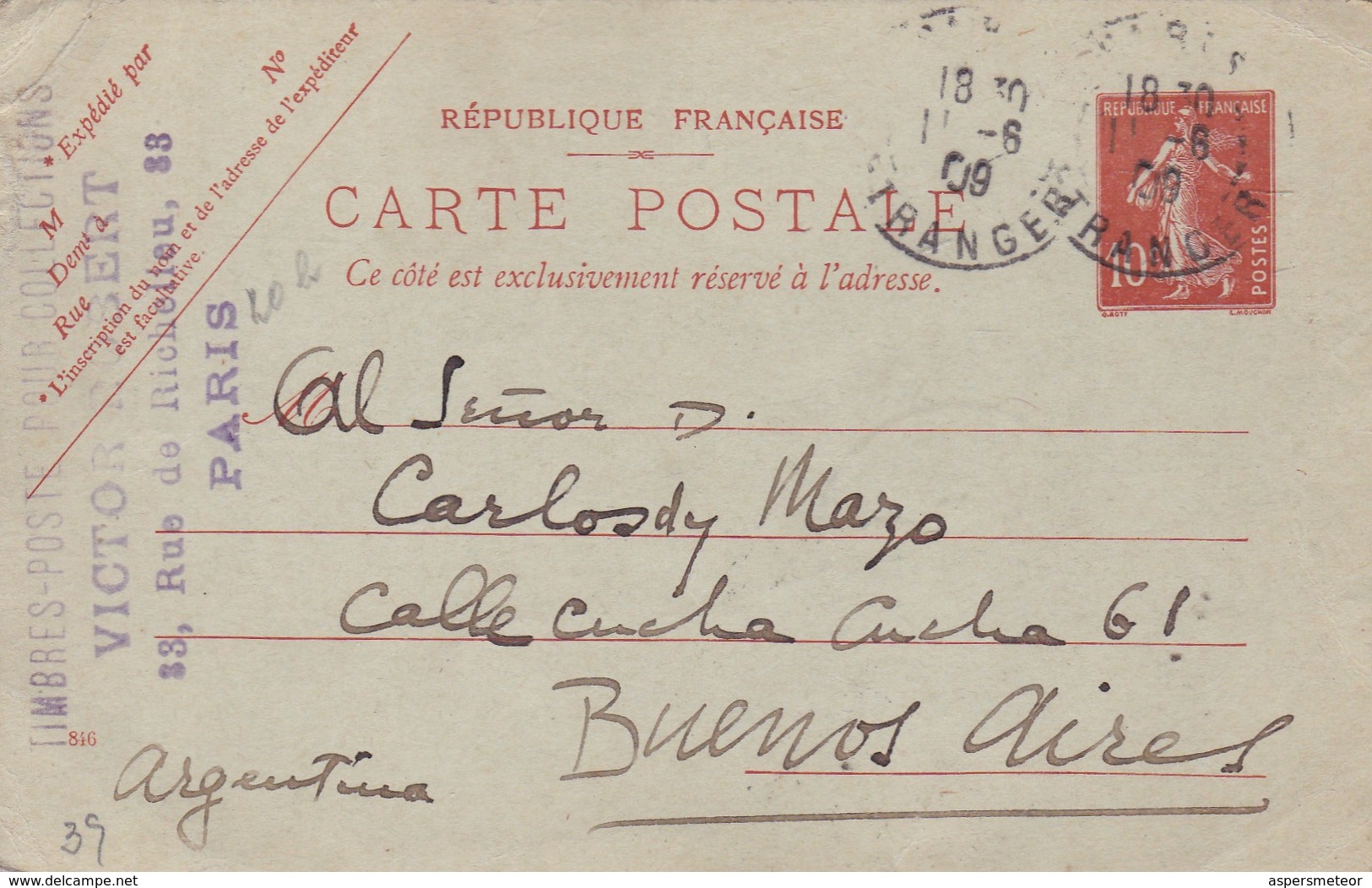 ENTIER ENTERO FRANCE 10c CIRCULEE YEAR 1909 TO BUENOS AIRES - BLEUP - Standard Postcards & Stamped On Demand (before 1995)