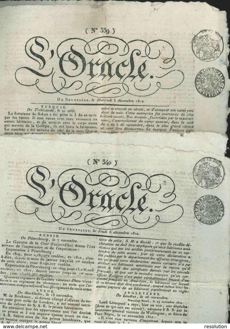 Ensemble De 5 Journaux "L'Oracle" Bruxelles  Décembre 1810 - 1800 - 1849