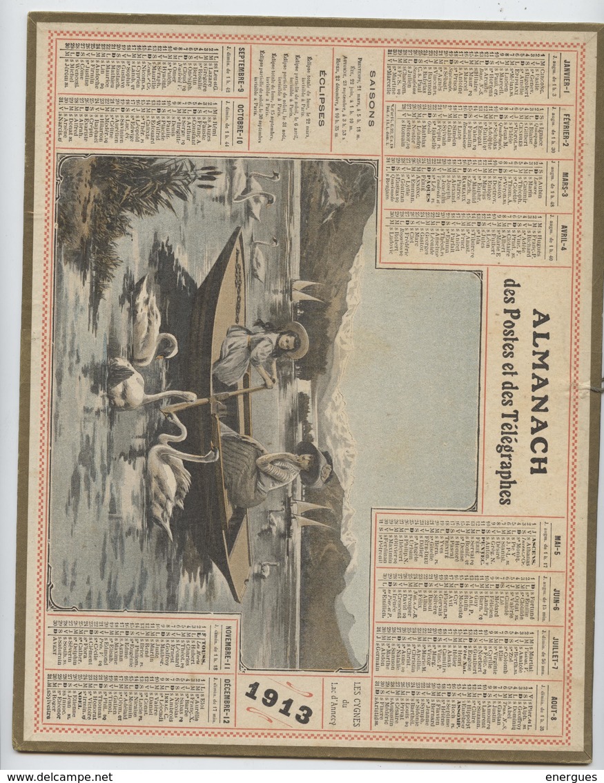 Almanach Des Postes, 1913,les Cygnes, Lac Annecy Département,Charente Inférieure,La Rochelle,Jonzac,Saintes,Rochefort - Grand Format : 1901-20