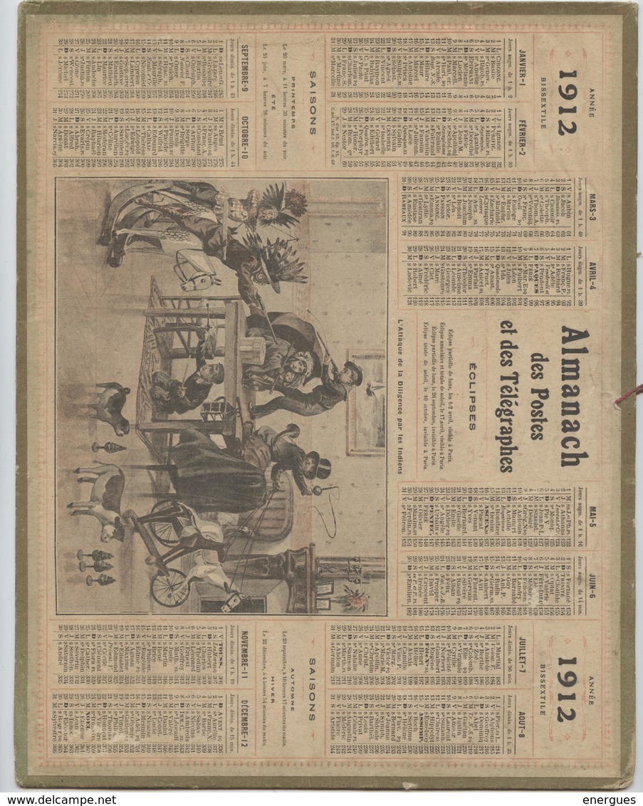 Almanach Des Postes, 1912, L'attaque De La Diligence Par Les Indiens, Cheval De Bois - Big : 1901-20