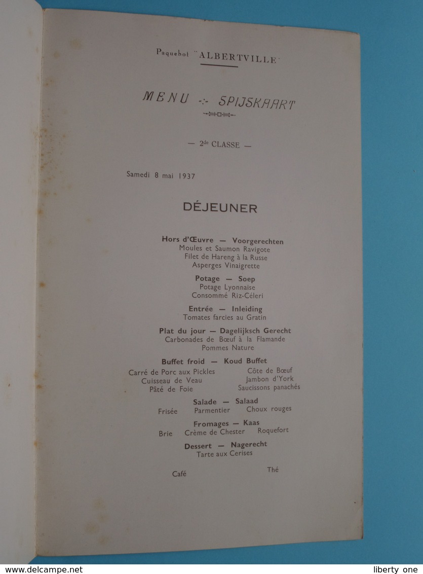 Paquebot " ALBERTVILLE " Cie Maritime Belge > Menu * Spijskaart > 2de Classe Déjeuner 8 Mai 1937 ( Zie / Voir Photo ) ! - Menus