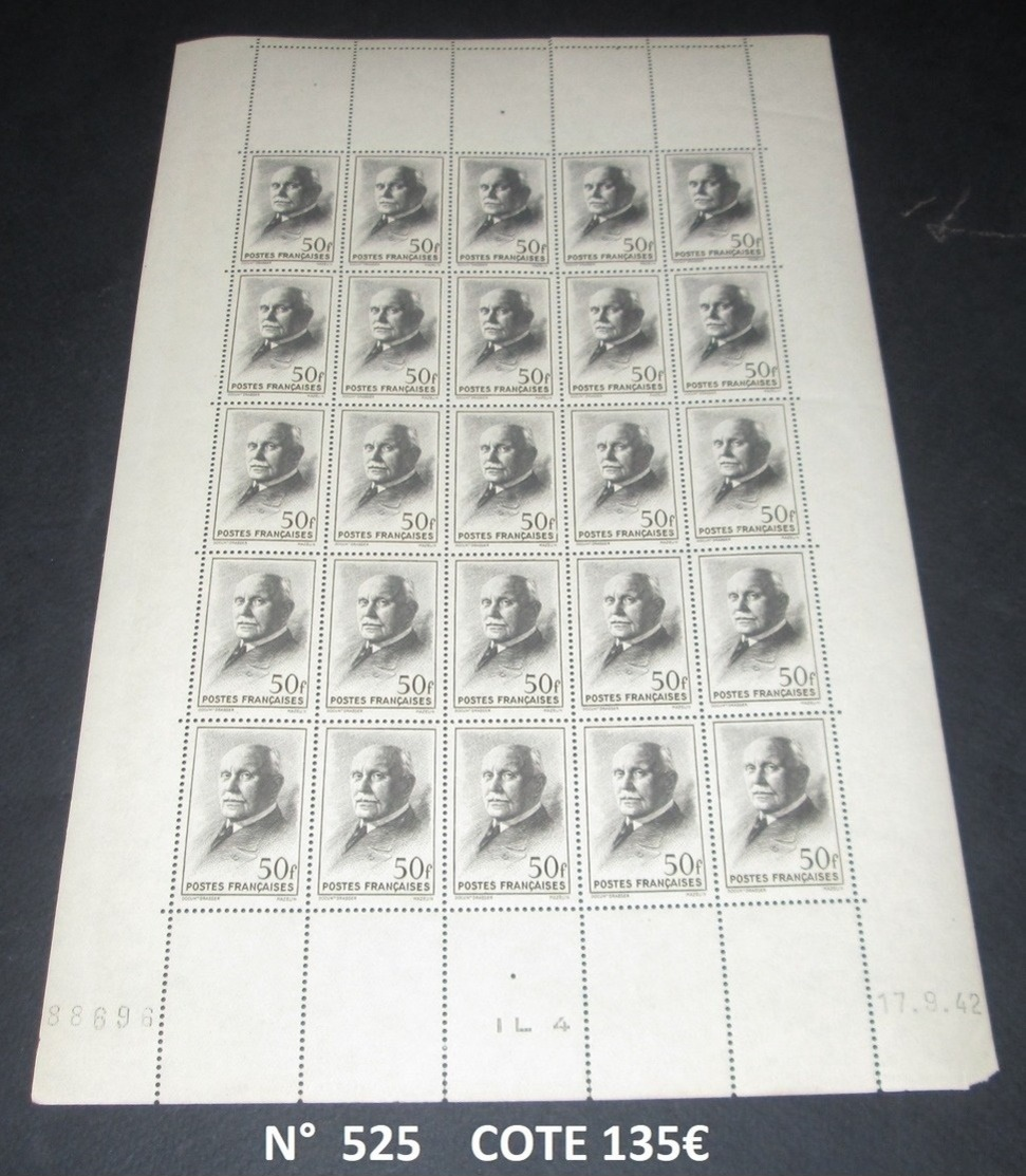 France 1942 Neuf**  N° 525 PETAIN  FEUILLE COMPLETE FULL SHEET - Full Sheets