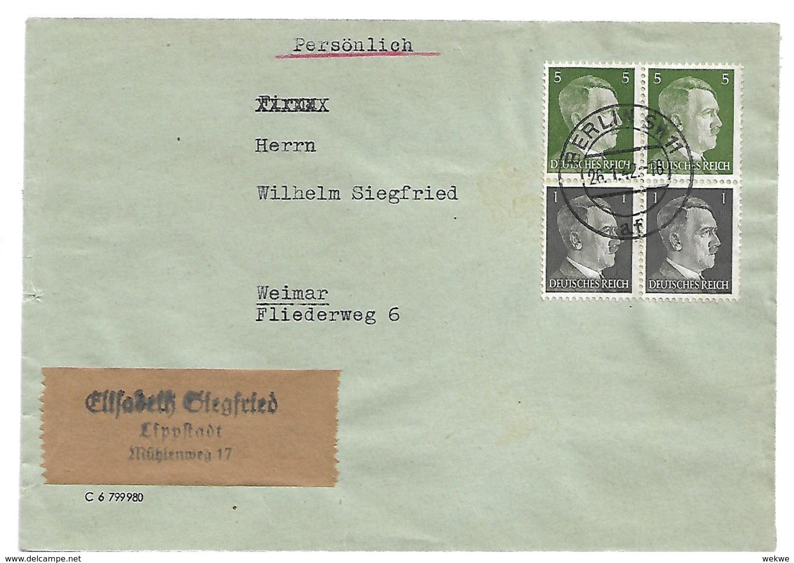 III-664 / DRITTES REICH - Zusammendruck-Frankatur Hitler + 5 Pfg. (2x) Aus Lippstadt 1942 - Lettres & Documents