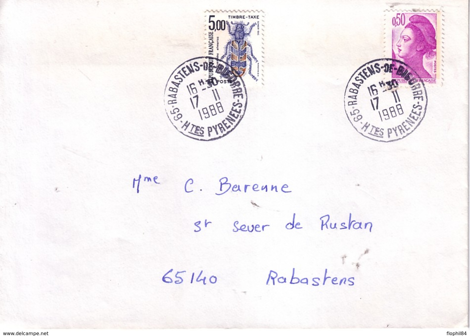 HAUTES PYRENEES - RABASTENS DE BIGORRE - LIBERTE DE GANDON - 17-11-1988 - TAXE INSECTES POUR INSUFFISANCE 5F. - 1859-1959 Brieven & Documenten