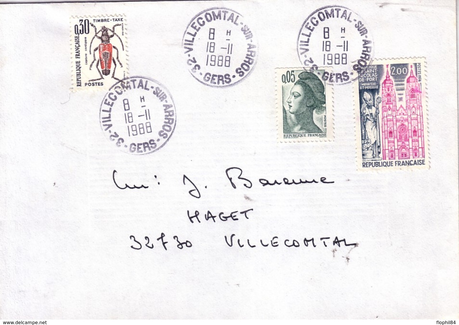 GERS - VILLECOMTAL SUR ARROS - LIBERTE DE GANDON + ST NICOLAS - 18-11-1988 - TAXE INSECTES POUR INSUFFISANCE 0.30C. - 1859-1959 Lettres & Documents