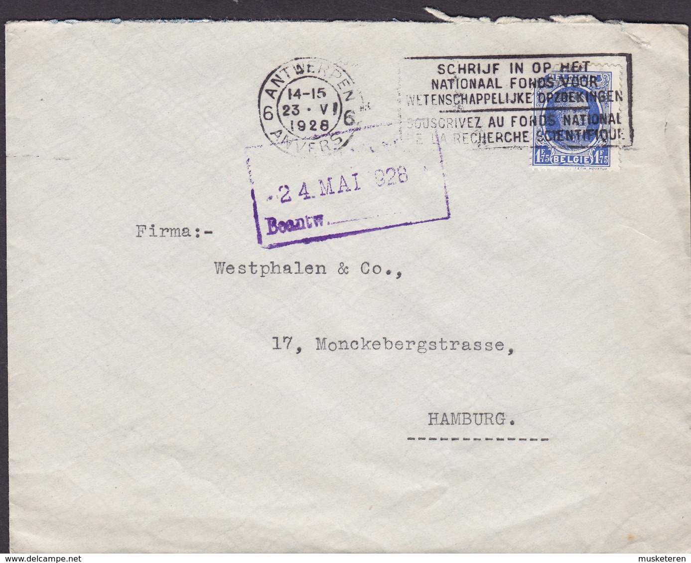 Belgium VURDMAN & Co., Export Dept. Flamme 'Scientifique' ANTWERPEN  1928 Cover Lettre HAMBURG Germany 1.75 Fr. Houyoux - 1922-1927 Houyoux